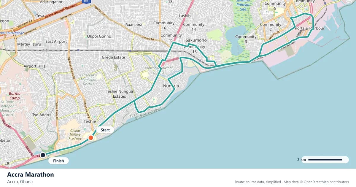 Accra Marathon course map: the route through Accra, with the start and the finish marked.