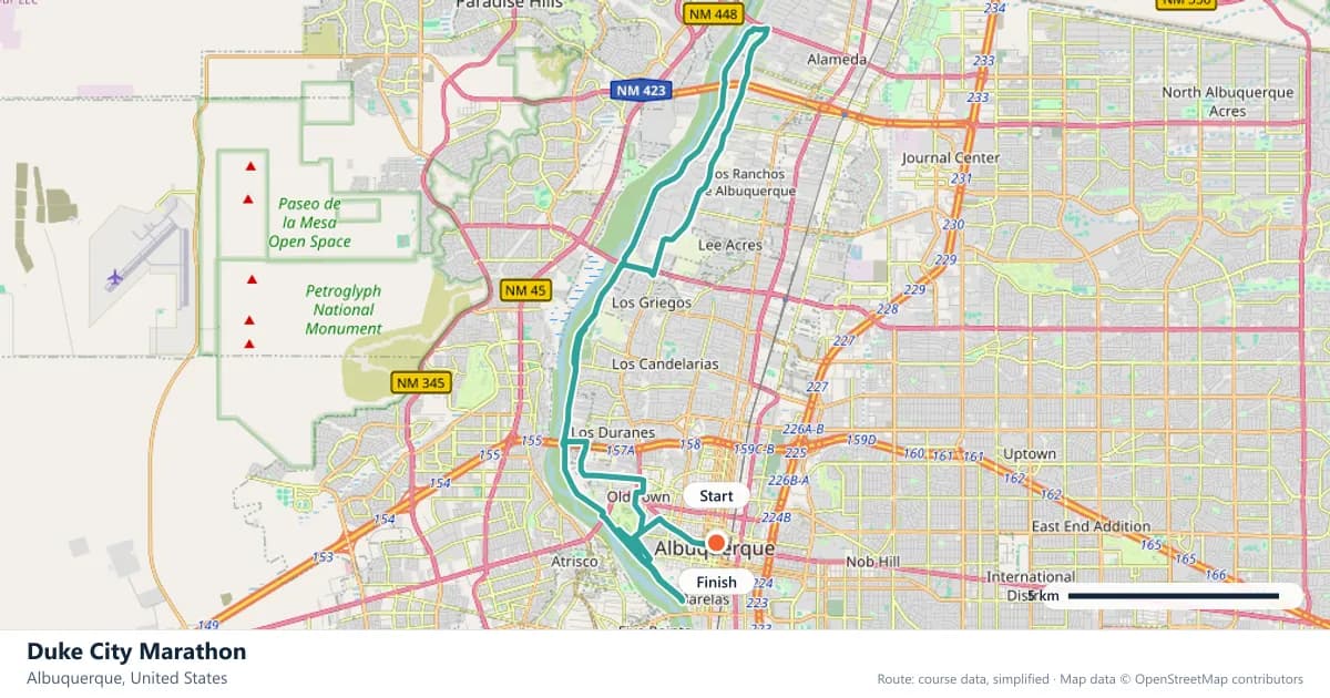 Duke City Marathon course map: the route through Albuquerque, with the start and the finish marked.