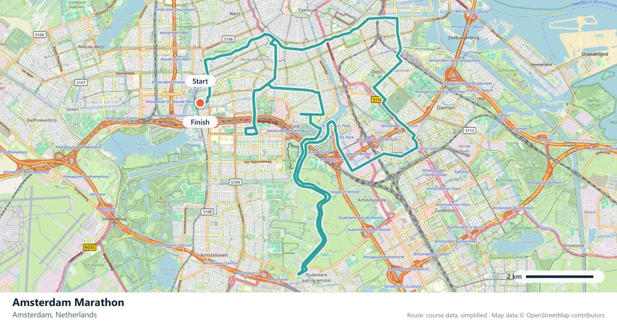 Amsterdam Marathon course map: the route through Amsterdam, with the start and the finish marked.