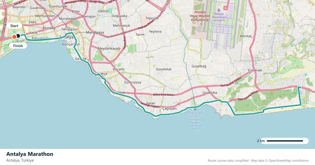 Antalya Marathon course map: the route through Antalya, with the start and the finish marked.