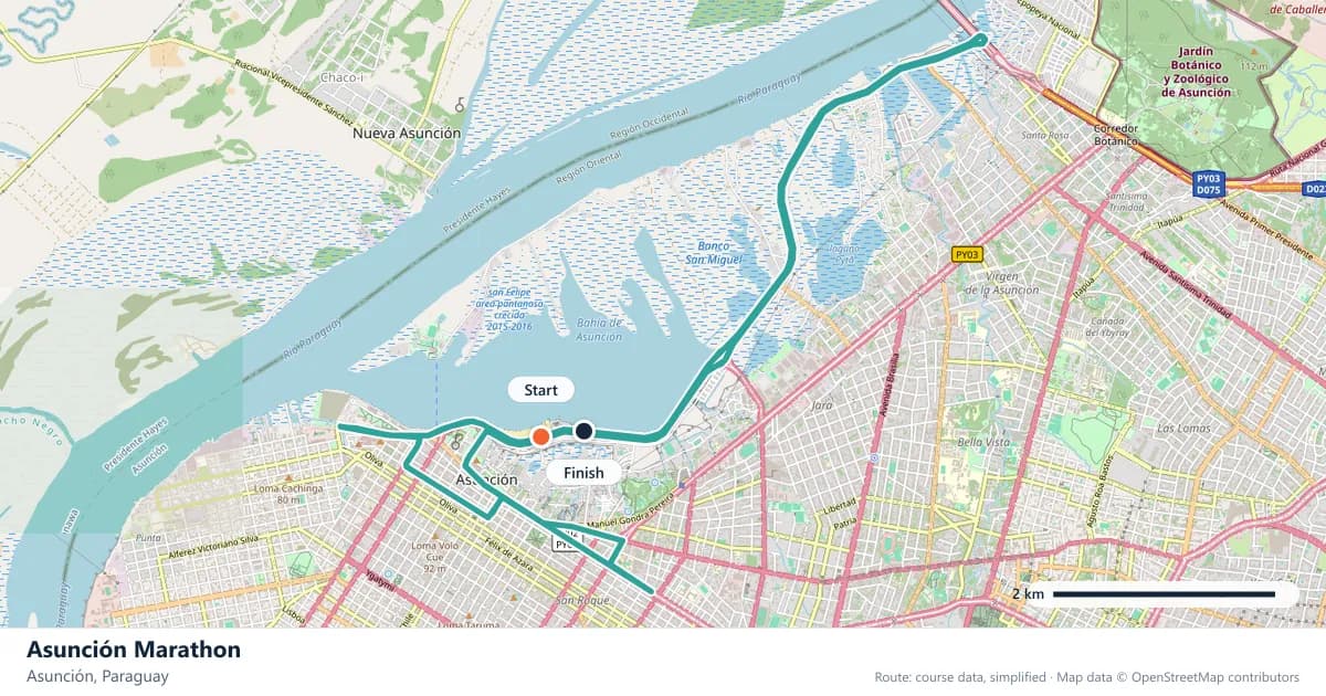 Asunción Marathon course map: the route through Asunción, with the start and the finish marked.
