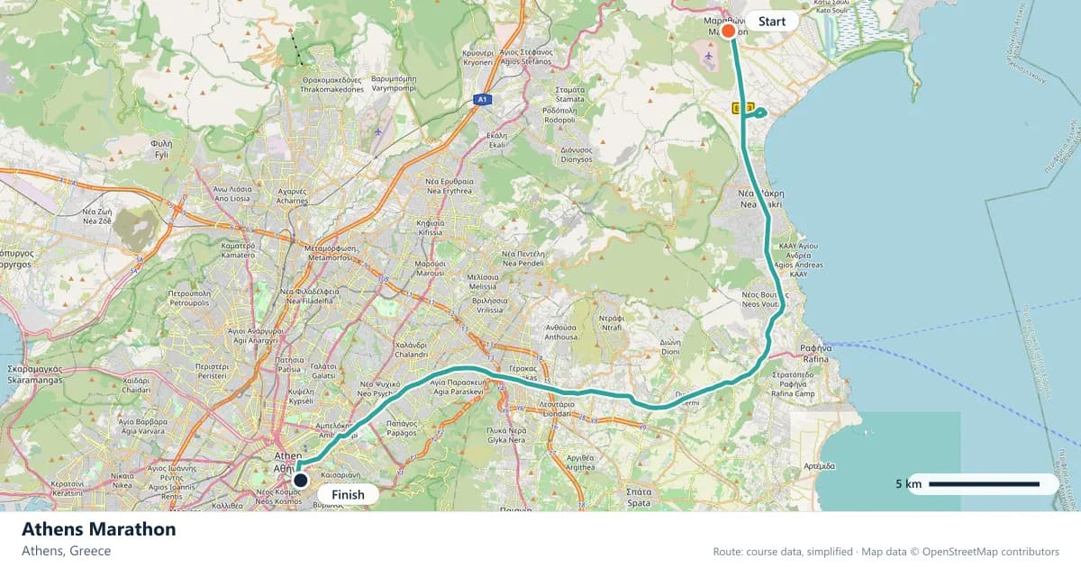 Athens Marathon course map: the route through Athens, with the start and the finish marked.