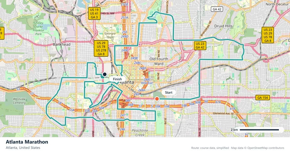 Atlanta Marathon course map: the route through Atlanta, with the start and the finish marked.