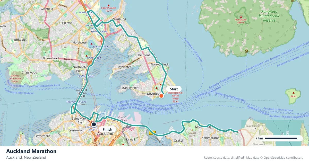 Auckland Marathon course map: the route through Auckland, with the start and the finish marked.