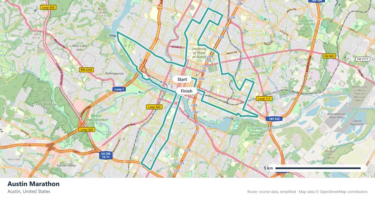 Austin Marathon course map: the route through Austin, with the start and the finish marked.