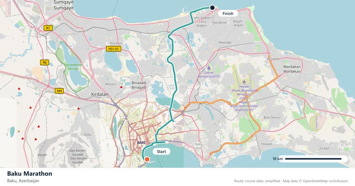 Baku Marathon course map: the route through Baku, with the start and the finish marked.