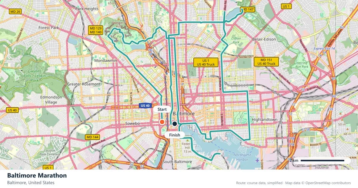 Baltimore Marathon course map: the route through Baltimore, with the start and the finish marked.