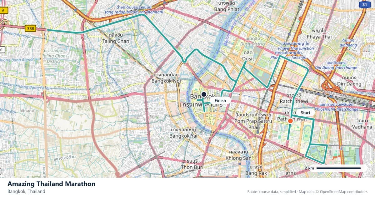 Amazing Thailand Marathon course map: the route through Bangkok, with the start and the finish marked.