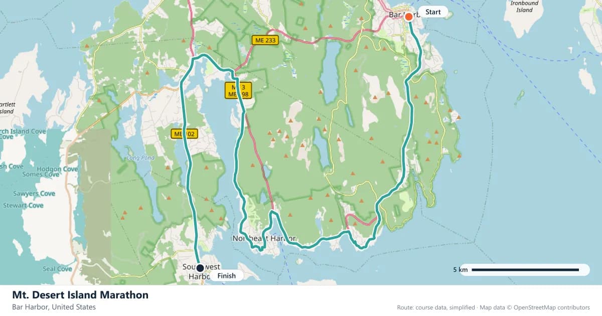 Mt. Desert Island Marathon course map: the route through Bar Harbor, with the start and the finish marked.