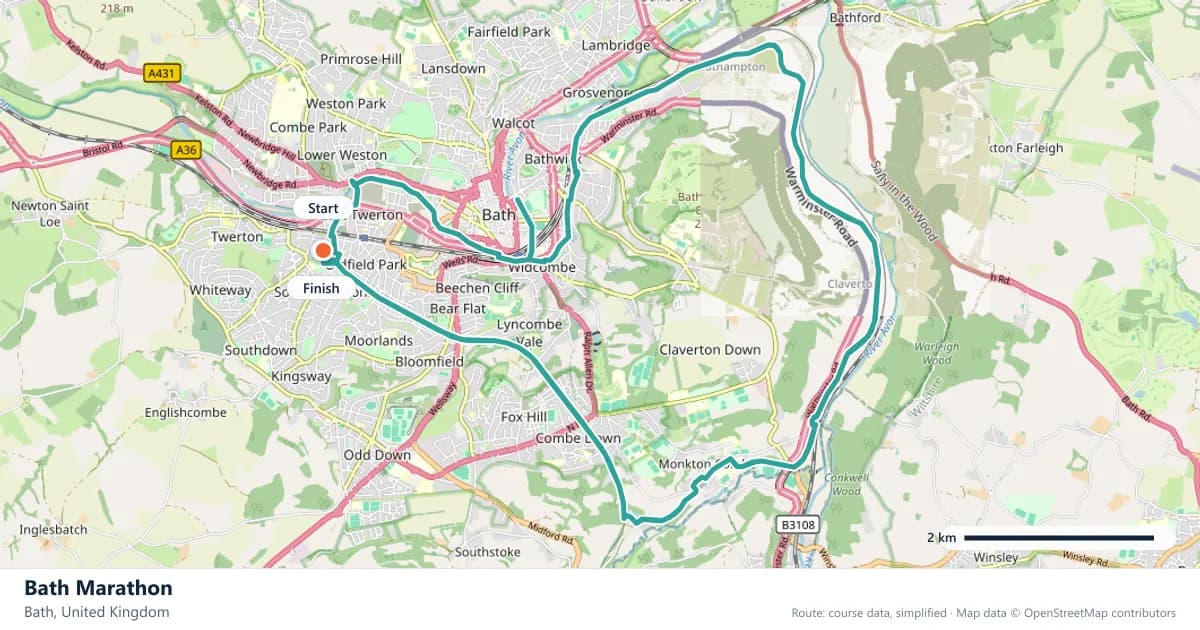 Bath Marathon course map: the route through Bath, with the start and the finish marked.