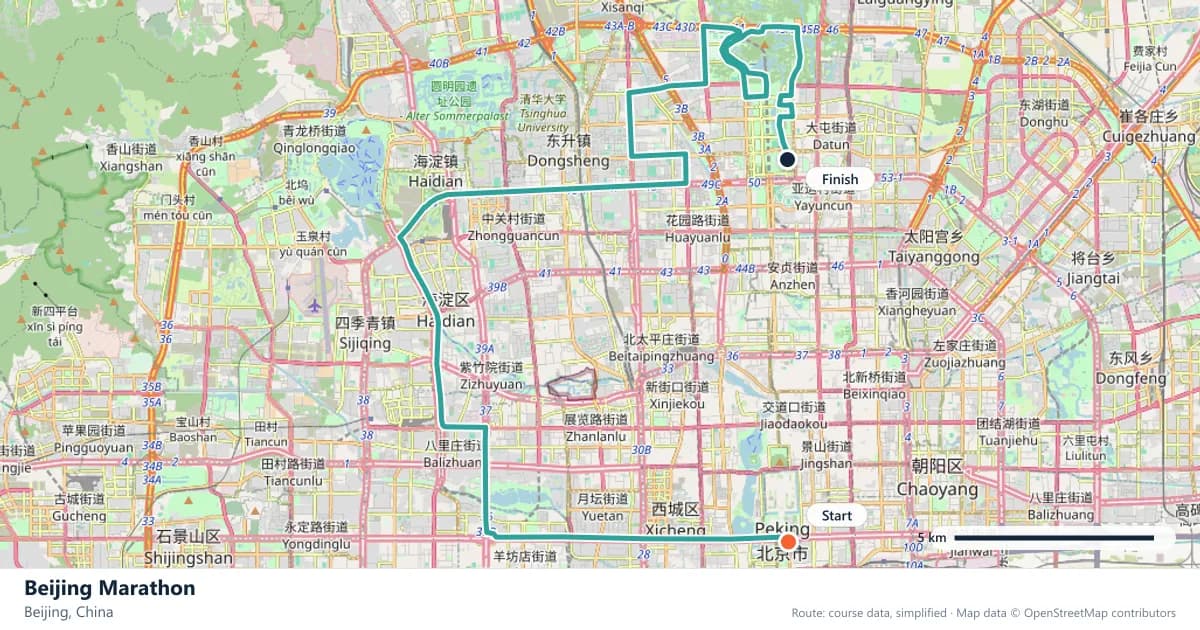 Beijing Marathon course map: the route through Beijing, with the start and the finish marked.