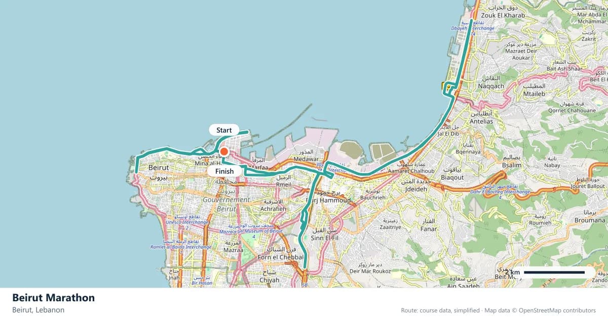 Beirut Marathon course map: the route through Beirut, with the start and the finish marked.