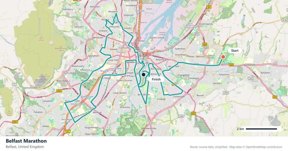 Belfast Marathon course map: the route through Belfast, with the start and the finish marked.