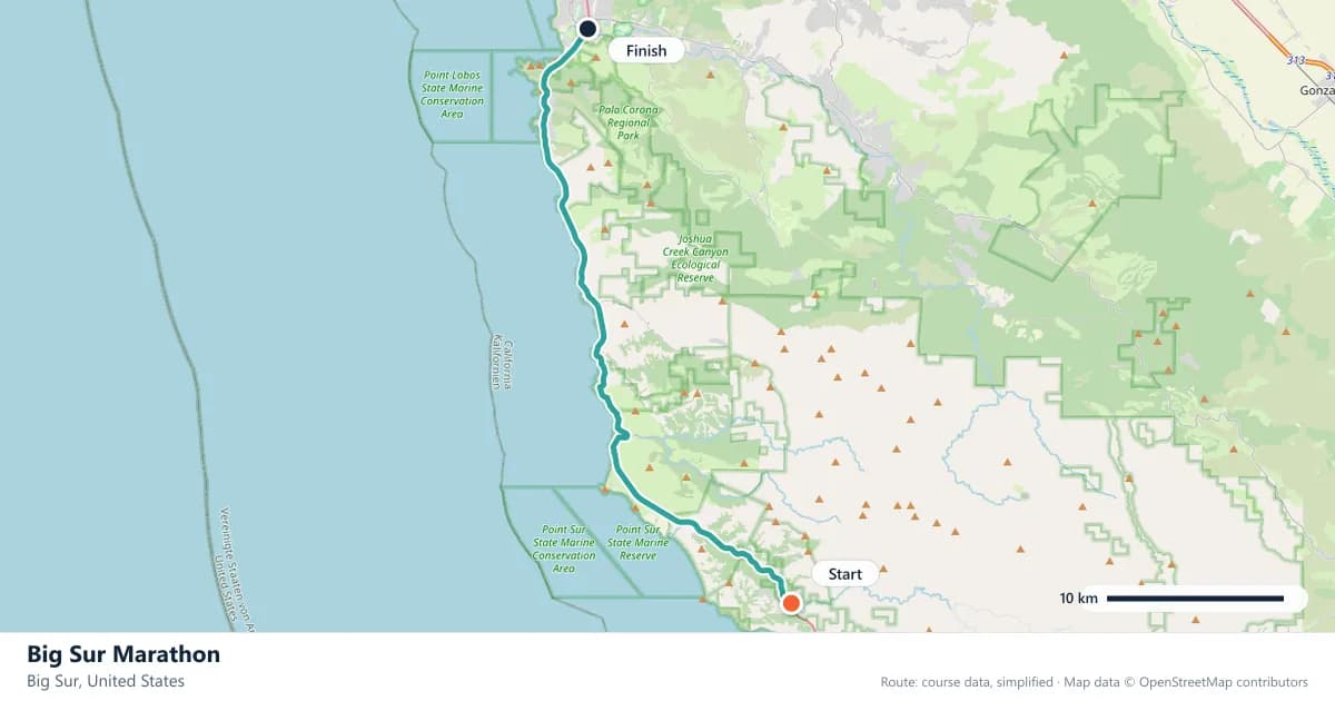 Big Sur Marathon course map: the route through Big Sur, with the start and the finish marked.