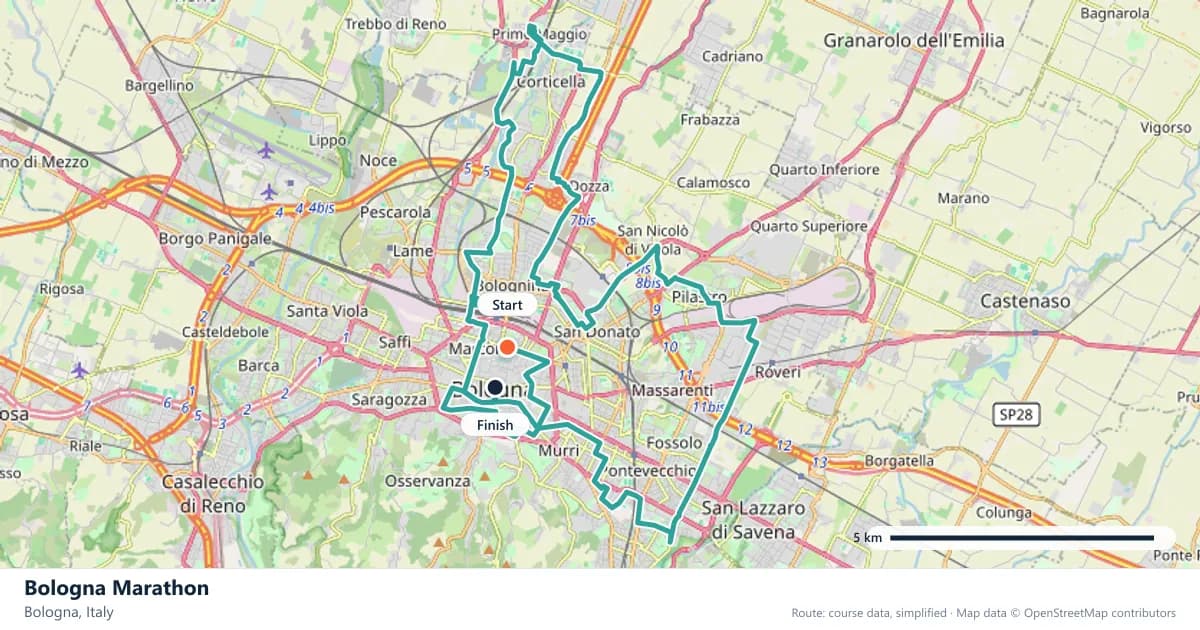 Bologna Marathon course map: the route through Bologna, with the start and the finish marked.