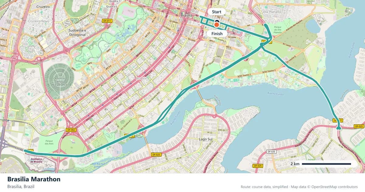 Brasilia Marathon course map: the route through Brasilia, with the start and the finish marked.