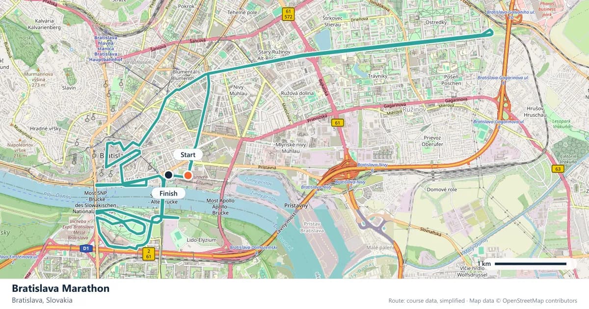 Bratislava Marathon course map: the route through Bratislava, with the start and the finish marked.