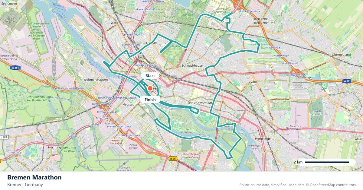 Bremen Marathon course map: the route through Bremen, with the start and the finish marked.