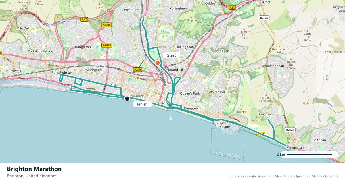 Brighton Marathon course map: the route through Brighton, with the start and the finish marked.