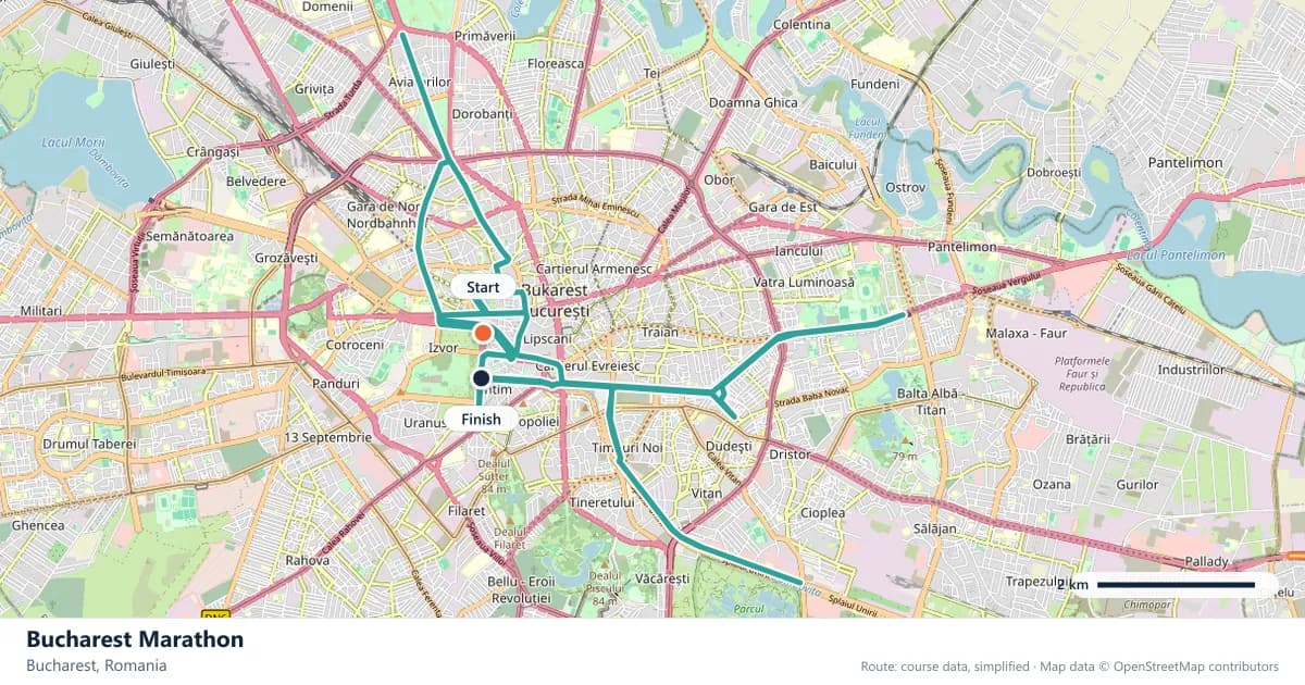 Bucharest Marathon course map: the route through Bucharest, with the start and the finish marked.