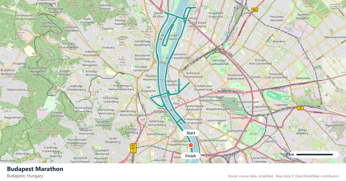 Budapest Marathon course map: the route through Budapest, with the start and the finish marked.