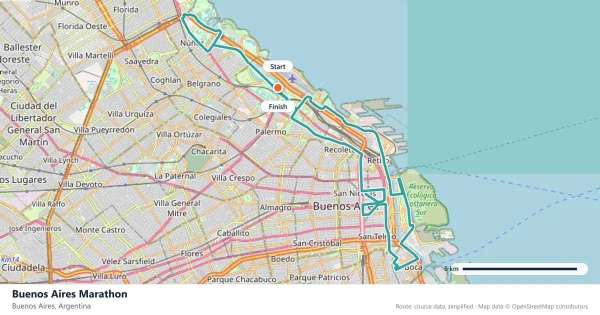 Buenos Aires Marathon course map: the route through Buenos Aires, with the start and the finish marked.
