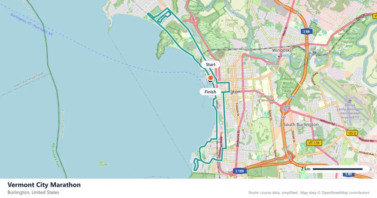 Vermont City Marathon course map: the route through Burlington, with the start and the finish marked.