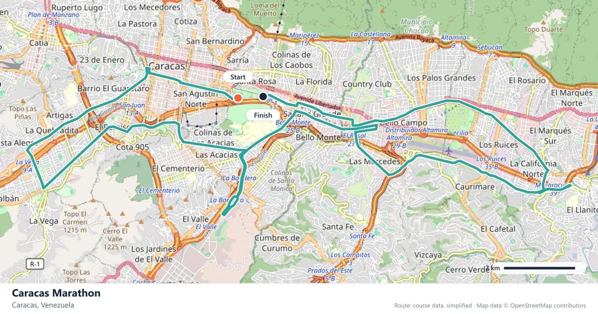 Caracas Marathon course map: the route through Caracas, with the start and the finish marked.