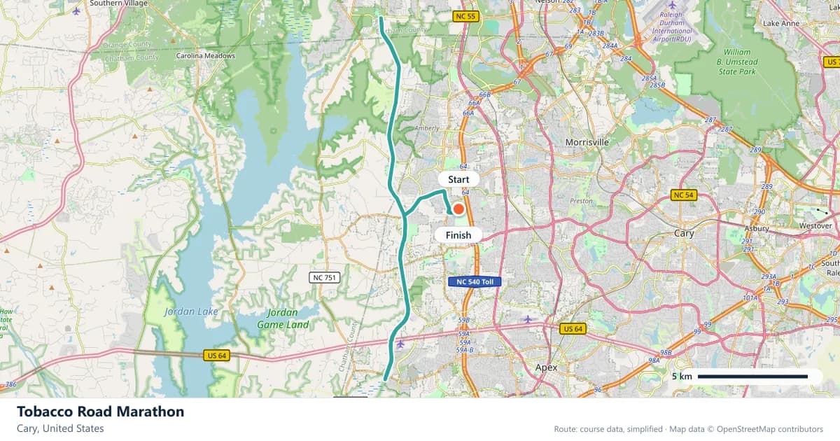 Tobacco Road Marathon course map: the route through Cary, with the start and the finish marked.