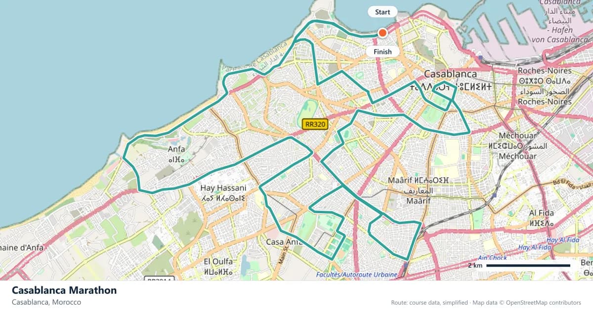 Casablanca Marathon course map: the route through Casablanca, with the start and the finish marked.