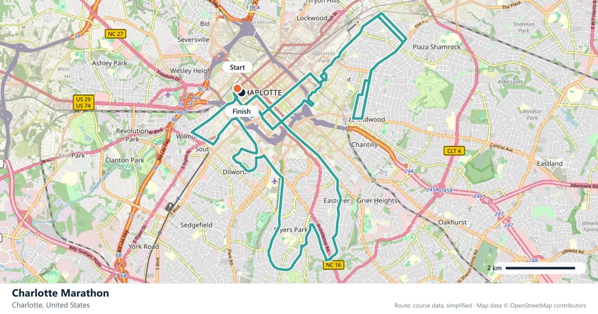 Charlotte Marathon course map: the route through Charlotte, with the start and the finish marked.