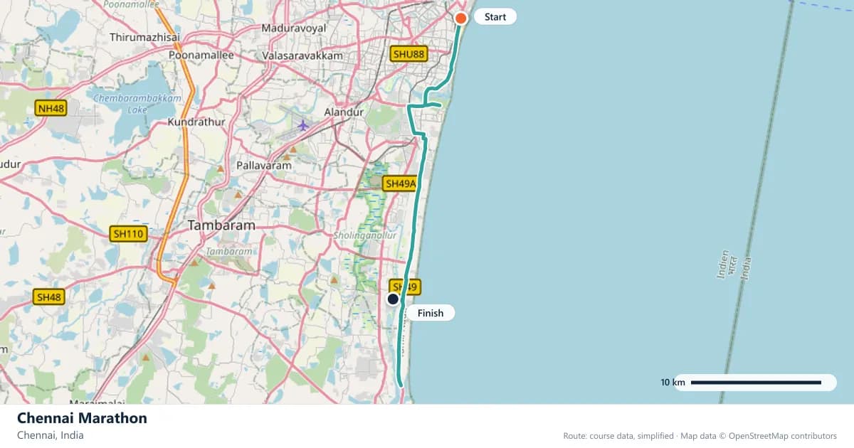 Chennai Marathon course map: the route through Chennai, with the start and the finish marked.