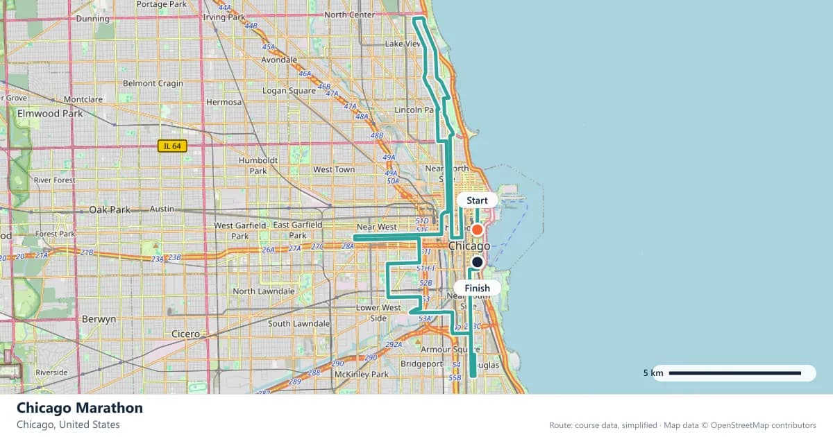 Chicago Marathon course map: the route through Chicago, with the start and the finish marked.