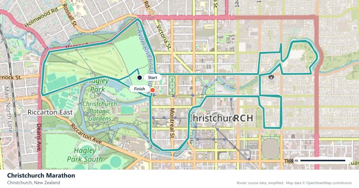 Christchurch Marathon course map: the route through Christchurch, with the start and the finish marked.