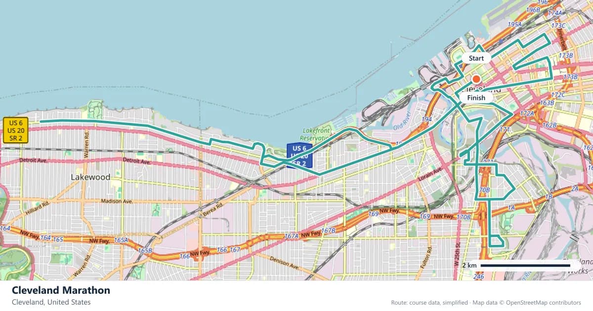 Cleveland Marathon course map: the route through Cleveland, with the start and the finish marked.