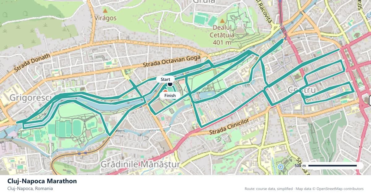 Cluj-Napoca Marathon course map: the route through Cluj-Napoca, with the start and the finish marked.