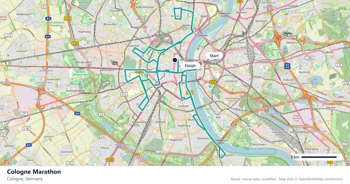 Cologne Marathon course map: the route through Cologne, with the start and the finish marked.