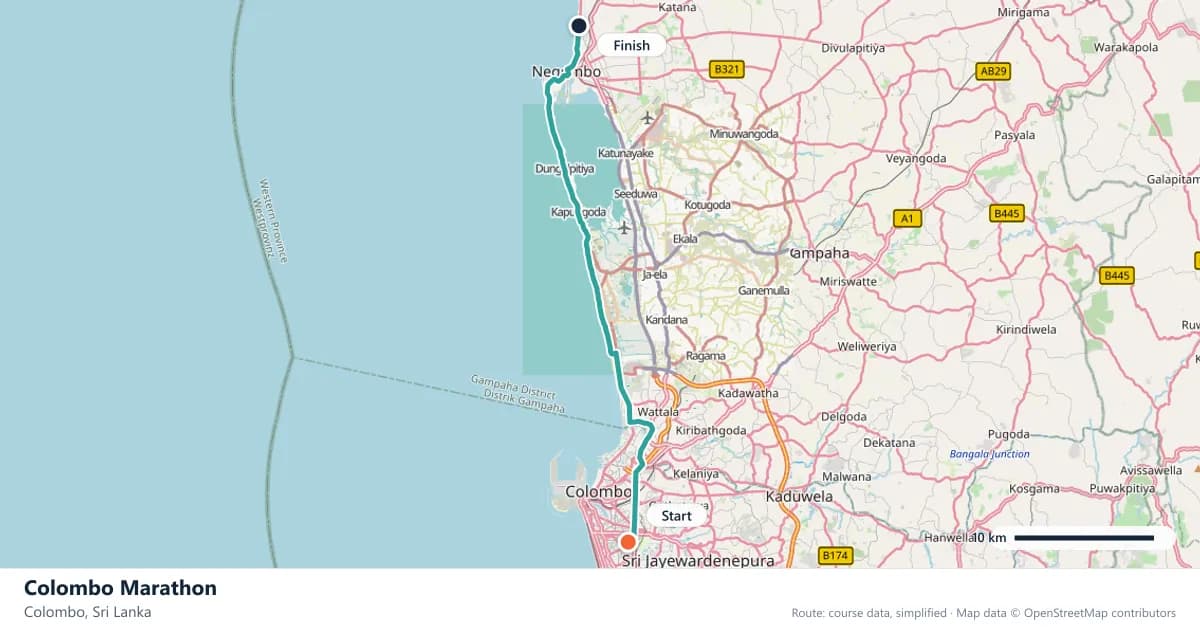 Colombo Marathon course map: the route through Colombo, with the start and the finish marked.