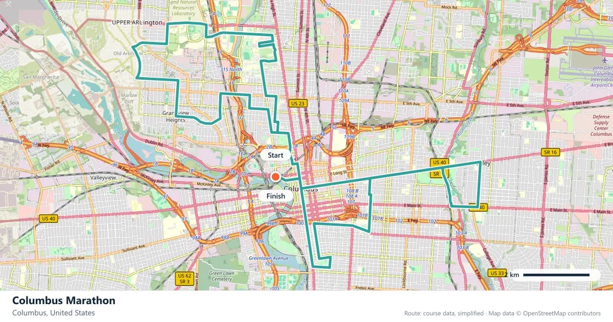 Columbus Marathon course map: the route through Columbus, with the start and the finish marked.