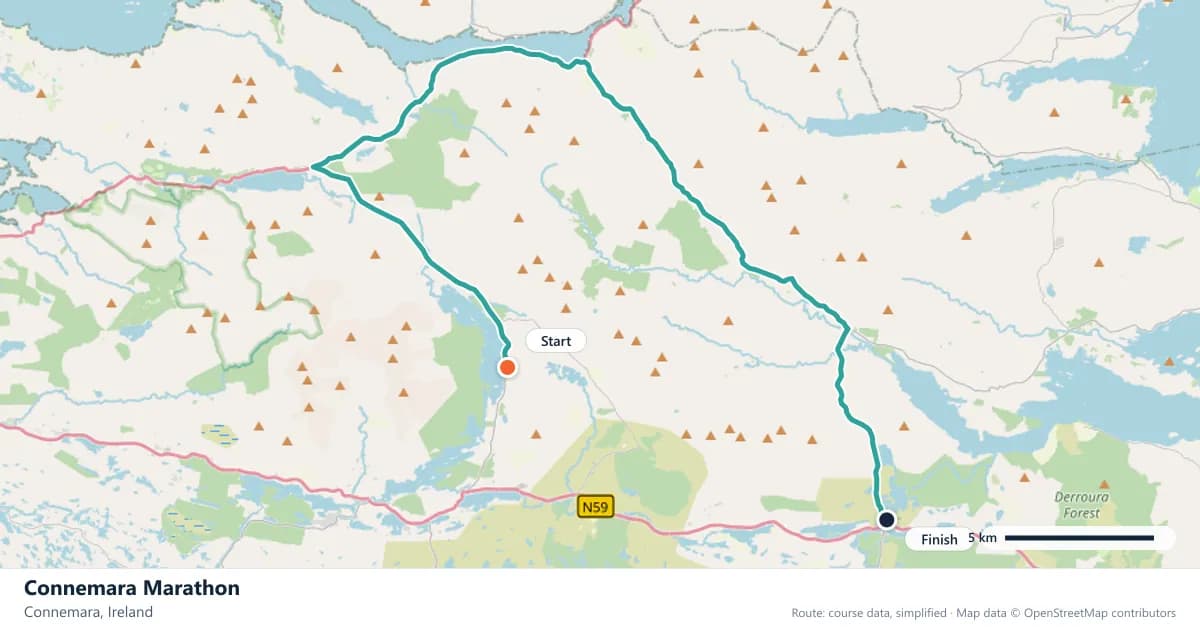 Connemara Marathon course map: the route through Connemara, with the start and the finish marked.