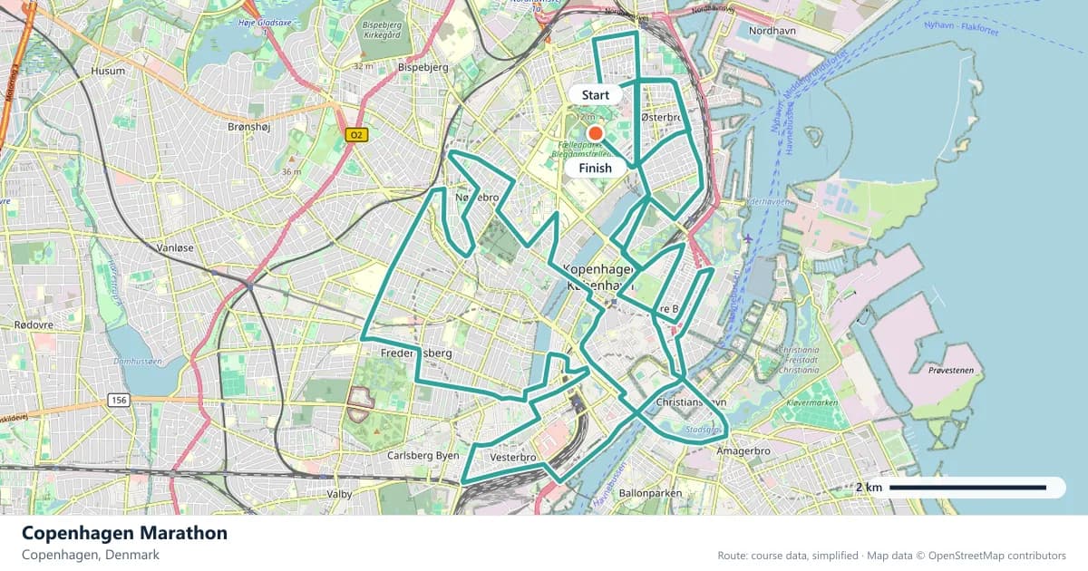 Copenhagen Marathon course map: the route through Copenhagen, with the start and the finish marked.