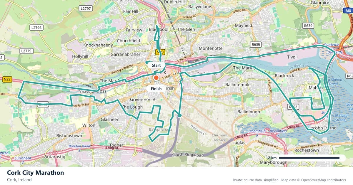 Cork City Marathon course map: the route through Cork, with the start and the finish marked.