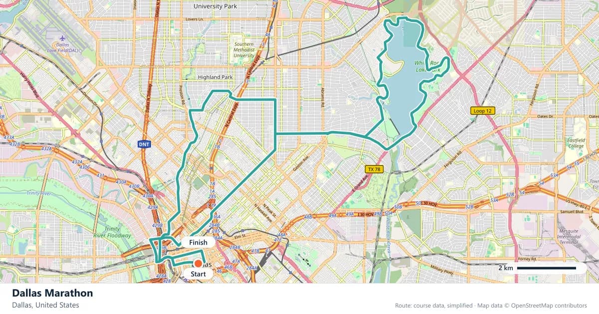 Dallas Marathon course map: the route through Dallas, with the start and the finish marked.