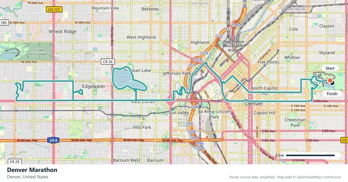 Denver Marathon course map: the route through Denver, with the start and the finish marked.
