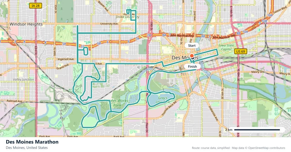Des Moines Marathon course map: the route through Des Moines, with the start and the finish marked.