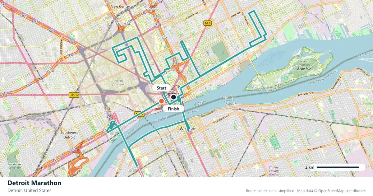 Detroit Marathon course map: the route through Detroit, with the start and the finish marked.
