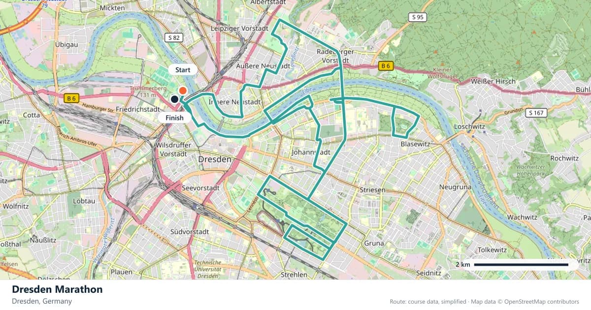Dresden Marathon course map: the route through Dresden, with the start and the finish marked.