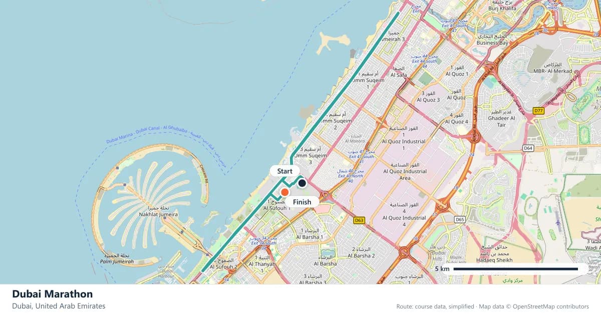 Dubai Marathon course map: the route through Dubai, with the start and the finish marked.
