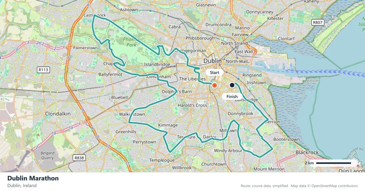 Dublin Marathon course map: the route through Dublin, with the start and the finish marked.