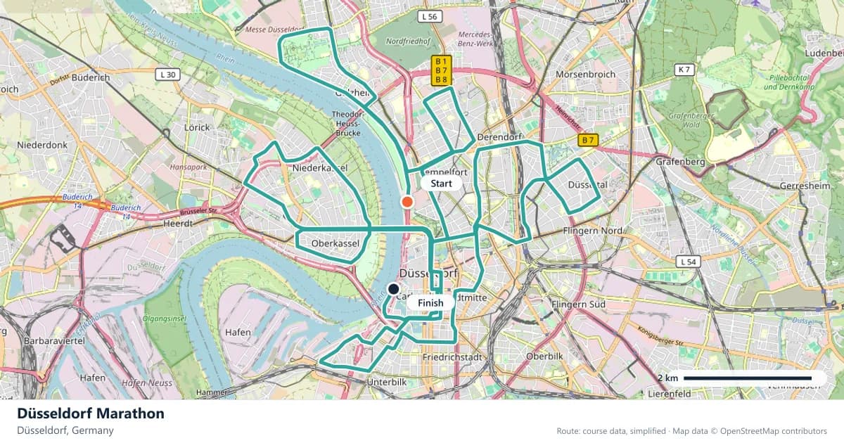 Düsseldorf Marathon course map: the route through Düsseldorf, with the start and the finish marked.
